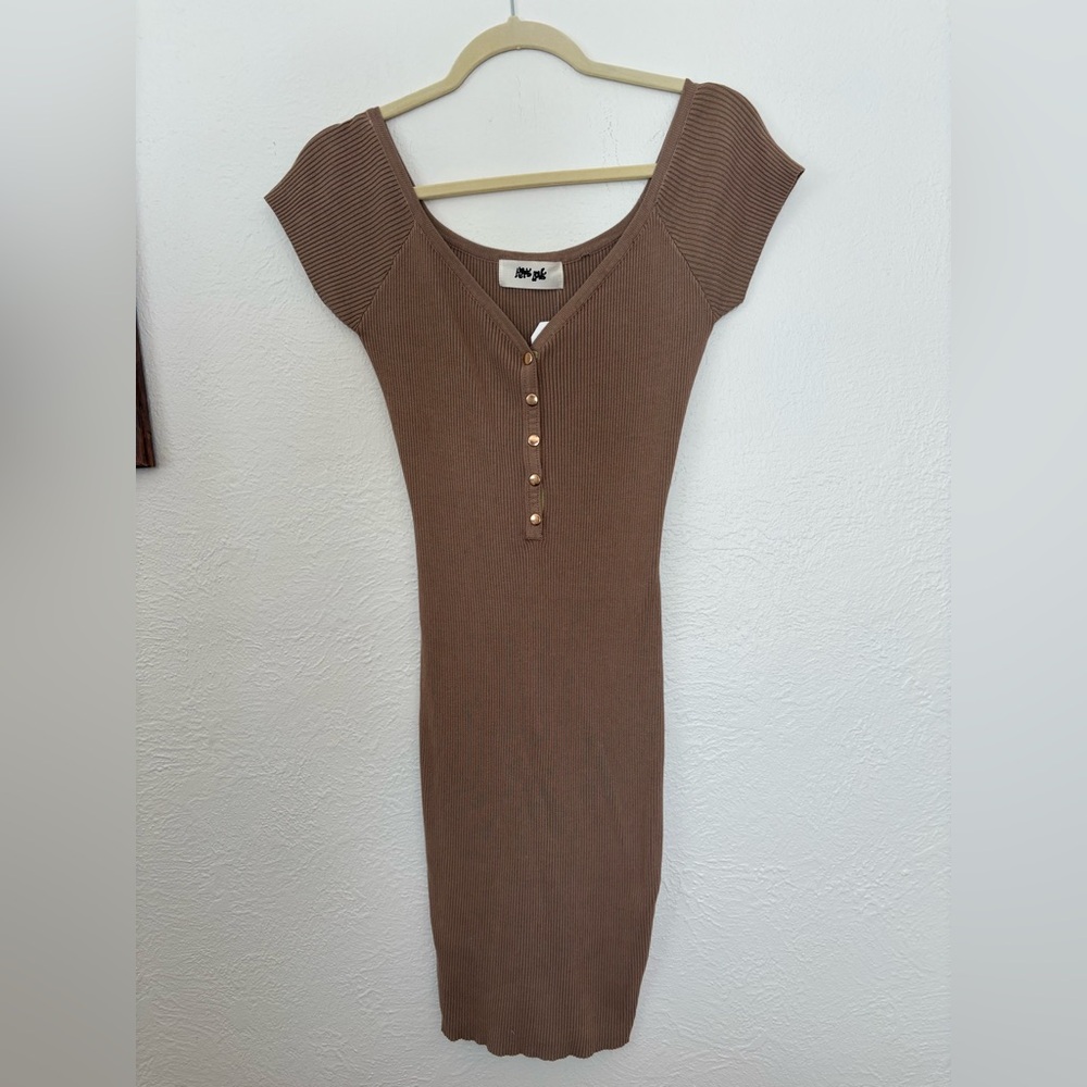 NWT Brown Ribbed Knit Dress with Button Detail